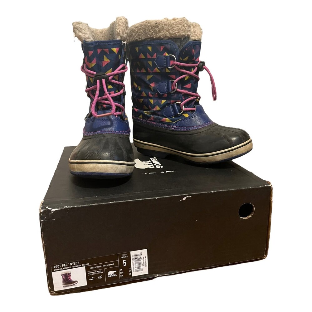Sorel Yoot Pac Waterproof Blue & Pink Youth Winter Boots W Liners Size 5 Big Kid